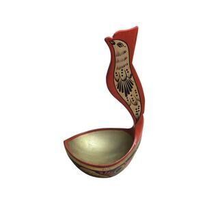 Vintage USSR Russian Folk Art Khokhloma Carved Lacqer Wood Bird Bowl Red Gold